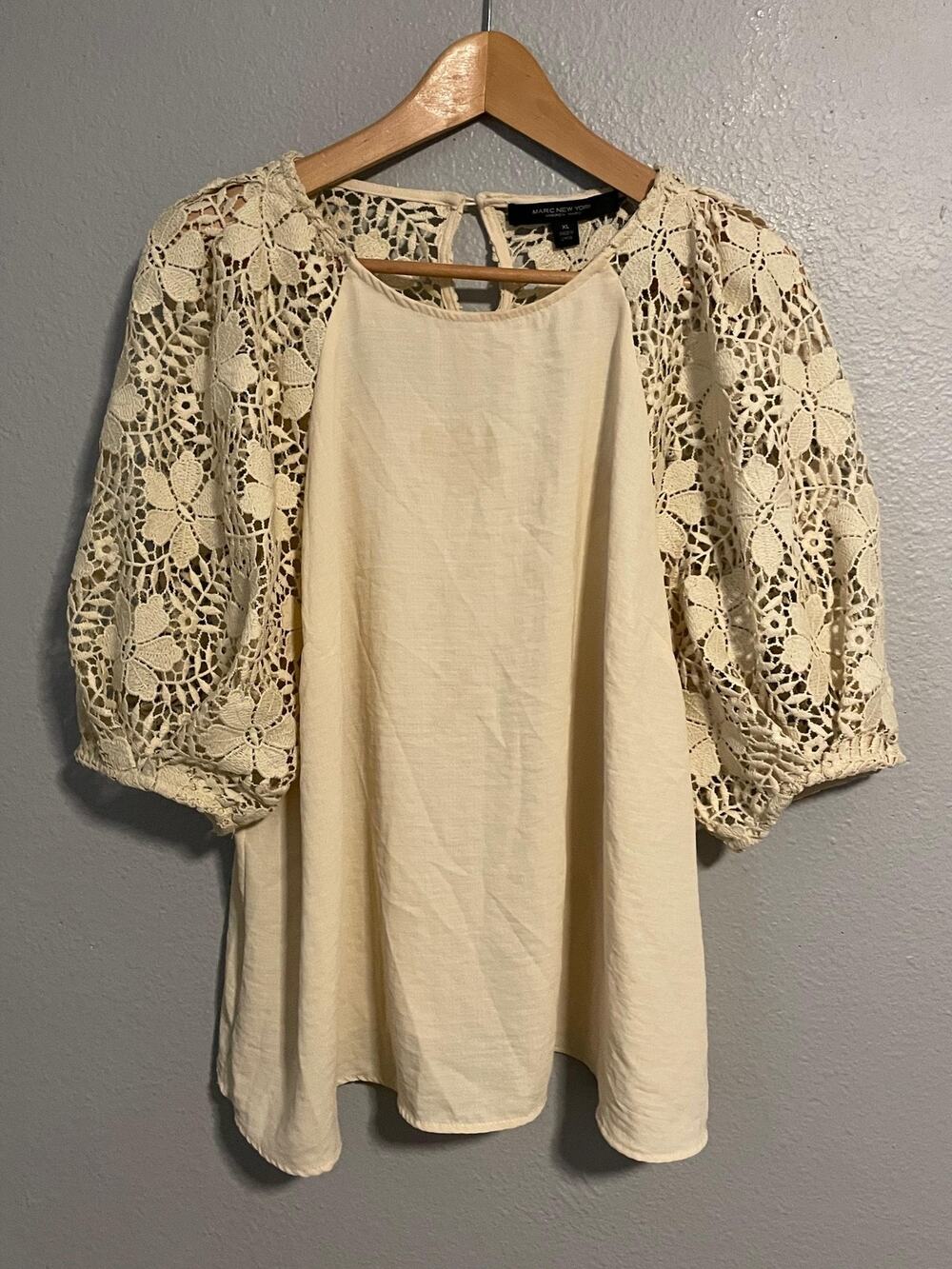 Marc New York Womens Top XL Cream Lace Crochet Balloon Sleeve Boho READ